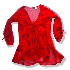 Frederick's of Hollywood Red and Black Floral Negligee, Size Large